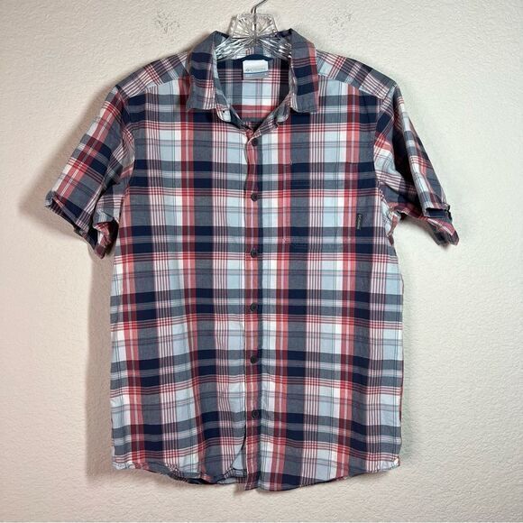 Columbia Blue Plaid Button Up‎ Cotton Shirt Men’s Small Short Sleeves - Picture 1 of 7